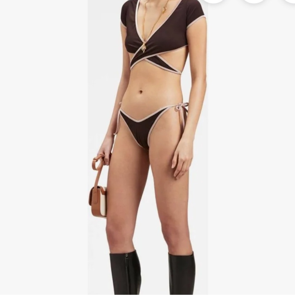 Palm Angels Chocolate Brown Wrap Crop Top Swimsuit with Blush Trim NWT